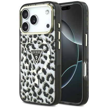 MagSafe-kuori Apple iPhone 18 Pro / 17 Pro:lle, Guess, Leopard Glitter Triangle Logo, Musta