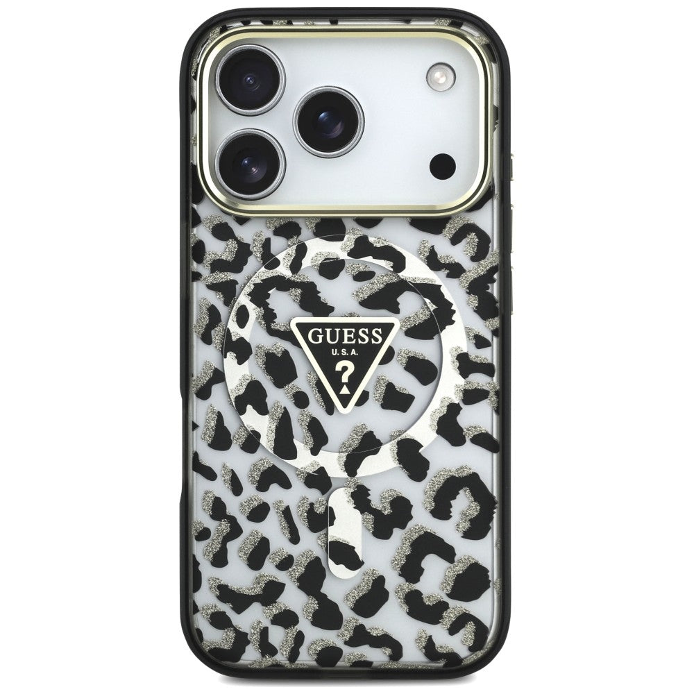 MagSafe-kuori Apple iPhone 18 Pro / 17 Pro:lle, Guess, Leopard Glitter Triangle Logo, Musta