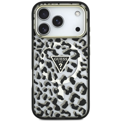 MagSafe-kuori Apple iPhone 18 Pro / 17 Pro:lle, Guess, Leopard Glitter Triangle Logo, Musta