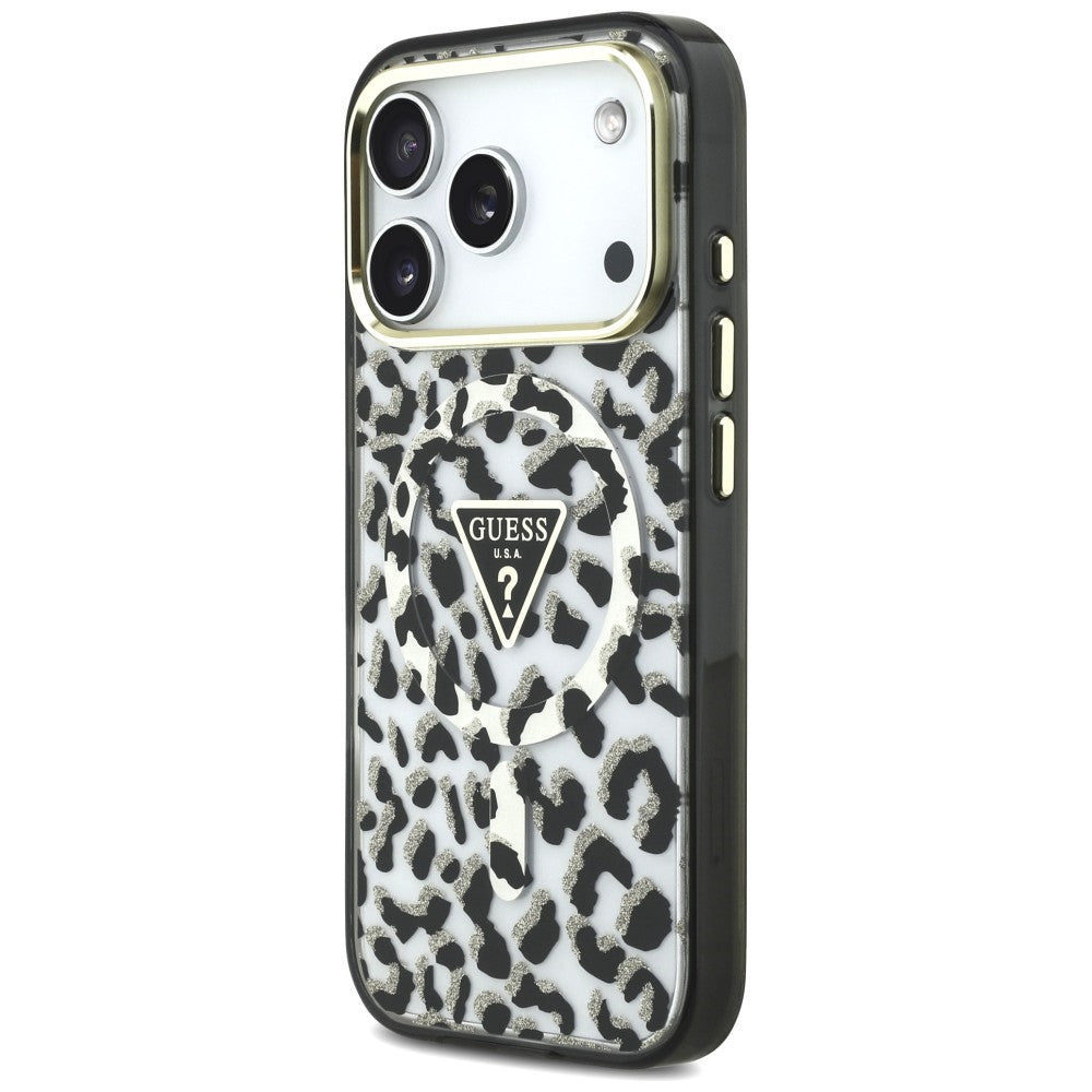 MagSafe-kuori Apple iPhone 18 Pro / 17 Pro:lle, Guess, Leopard Glitter Triangle Logo, Musta