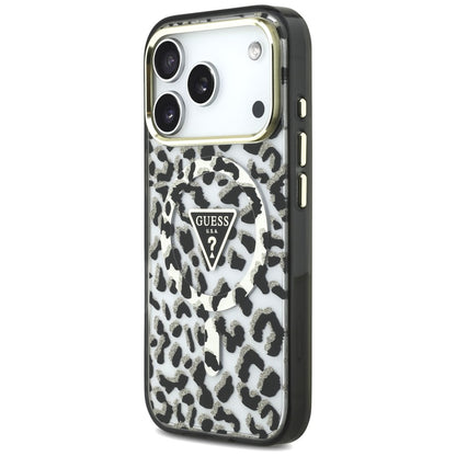 MagSafe-kuori Apple iPhone 18 Pro / 17 Pro:lle, Guess, Leopard Glitter Triangle Logo, Musta