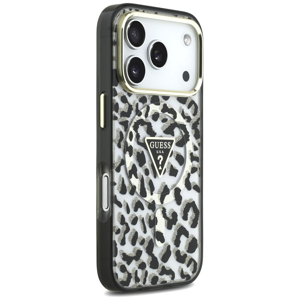 MagSafe-kuori Apple iPhone 18 Pro / 17 Pro:lle, Guess, Leopard Glitter Triangle Logo, Musta