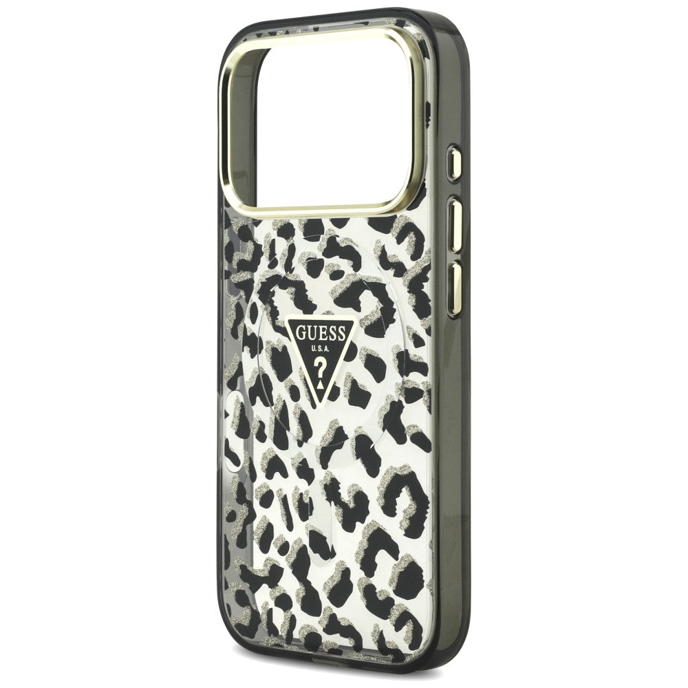 MagSafe-kuori Apple iPhone 18 Pro / 17 Pro:lle, Guess, Leopard Glitter Triangle Logo, Musta