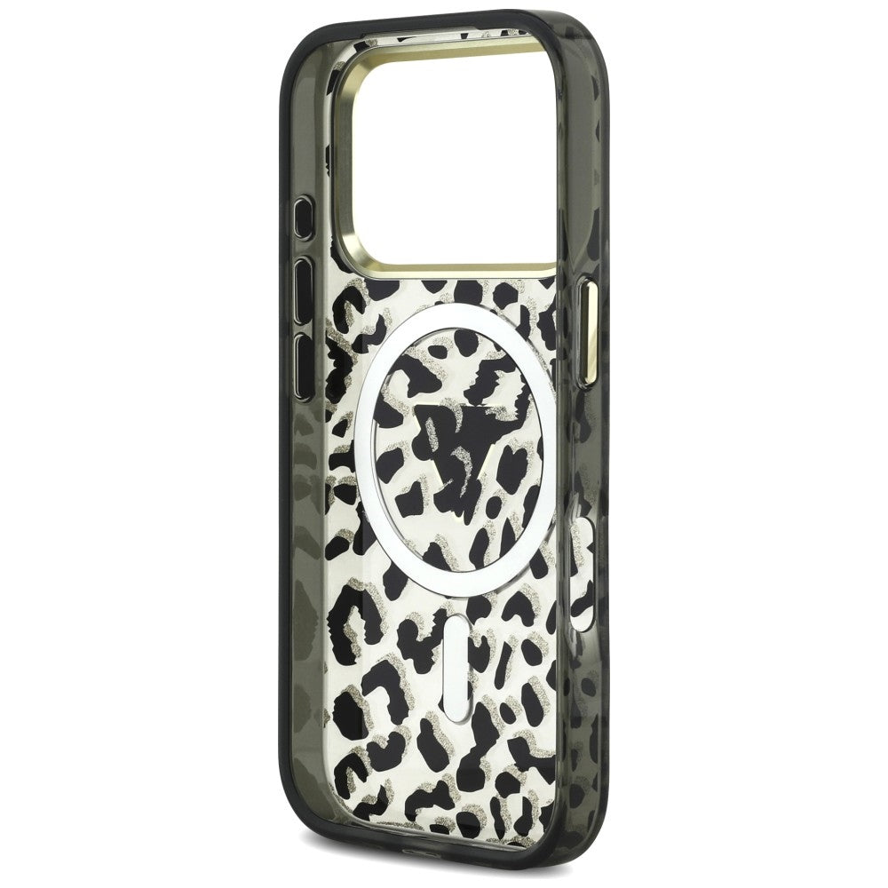 MagSafe-kuori Apple iPhone 18 Pro / 17 Pro:lle, Guess, Leopard Glitter Triangle Logo, Musta