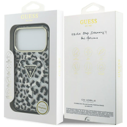 MagSafe-kuori Apple iPhone 18 Pro / 17 Pro:lle, Guess, Leopard Glitter Triangle Logo, Musta