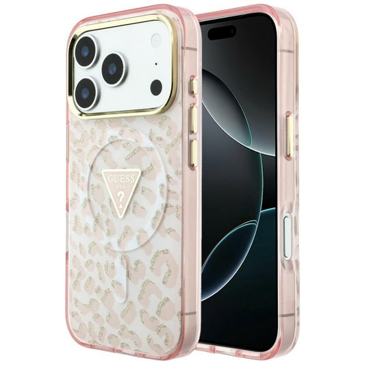 MagSafe-kuori Apple iPhone 18 Pro / 17 Pro:lle, Guess, Leopard Glitter Triangle Logo, Vaaleanpunainen