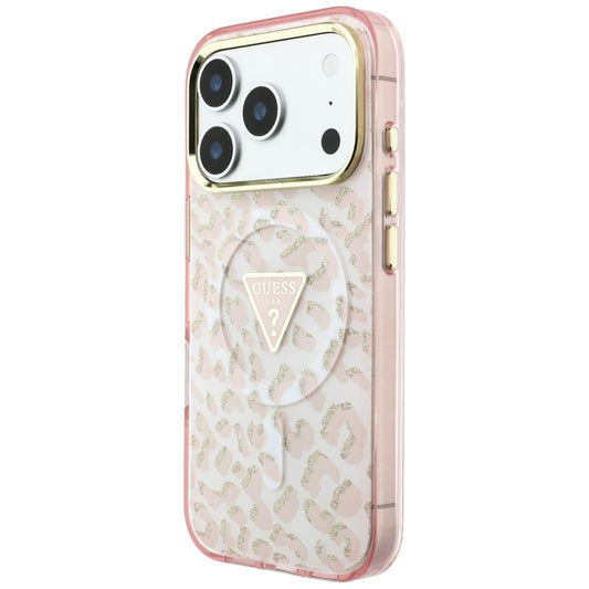 MagSafe-kuori Apple iPhone 18 Pro / 17 Pro:lle, Guess, Leopard Glitter Triangle Logo, Vaaleanpunainen