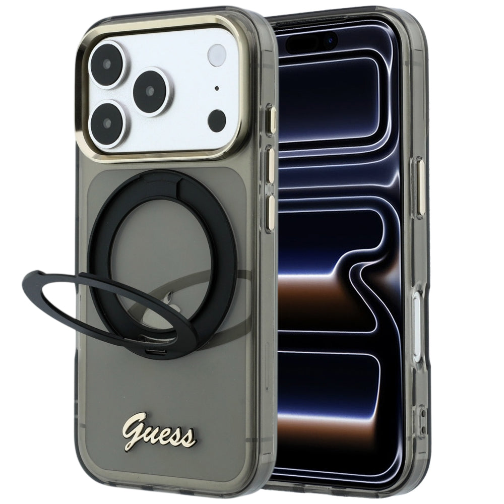 MagSafe-kuori Apple iPhone 18 Pro / 17 Pro:lle, Guess, Ring Stand Script Metal Logo, Musta