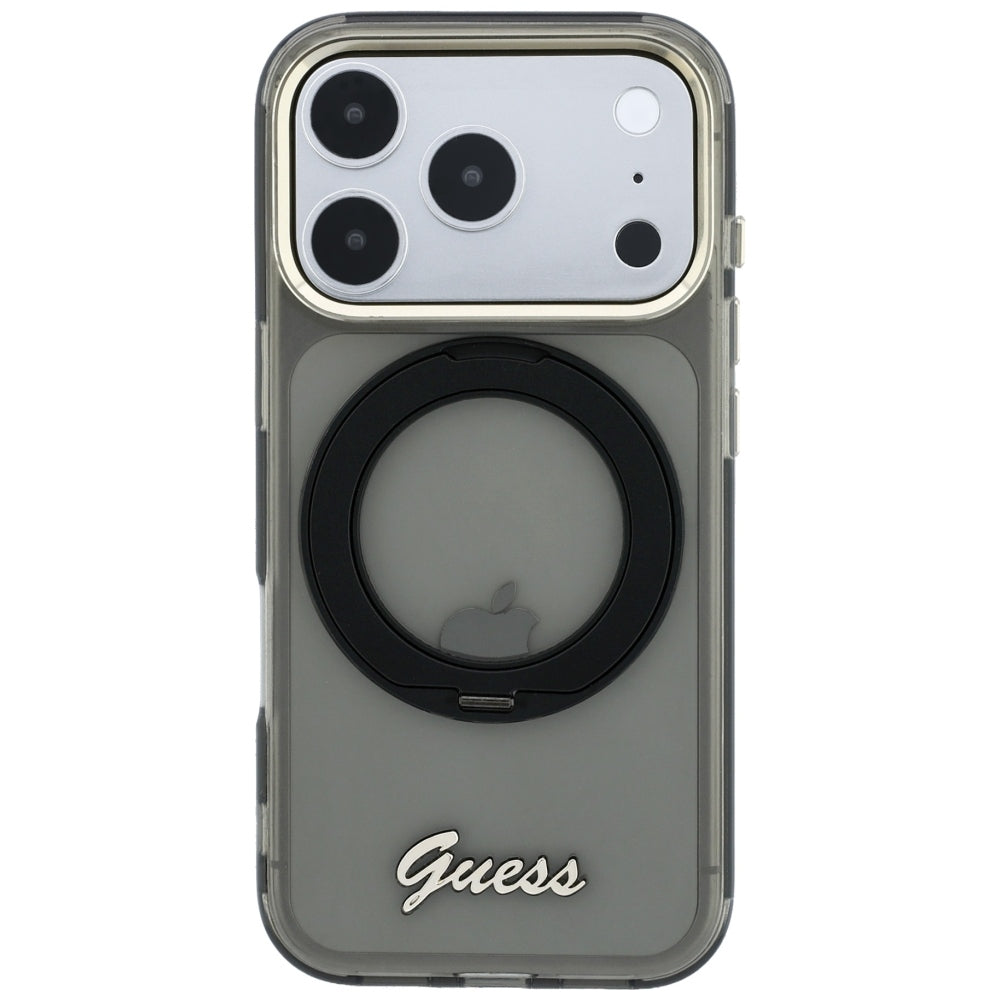 MagSafe-kuori Apple iPhone 18 Pro / 17 Pro:lle, Guess, Ring Stand Script Metal Logo, Musta