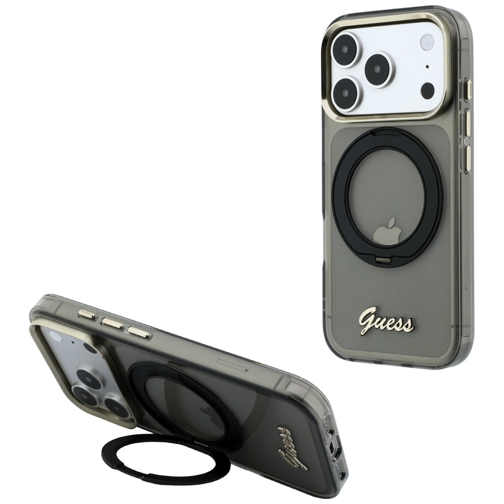 MagSafe-kuori Apple iPhone 18 Pro / 17 Pro:lle, Guess, Ring Stand Script Metal Logo, Musta