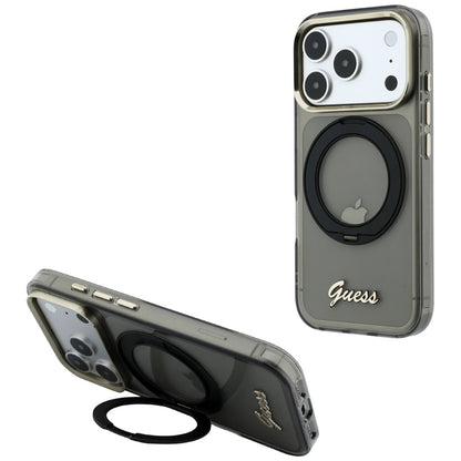 MagSafe-kuori Apple iPhone 18 Pro / 17 Pro:lle, Guess, Ring Stand Script Metal Logo, Musta