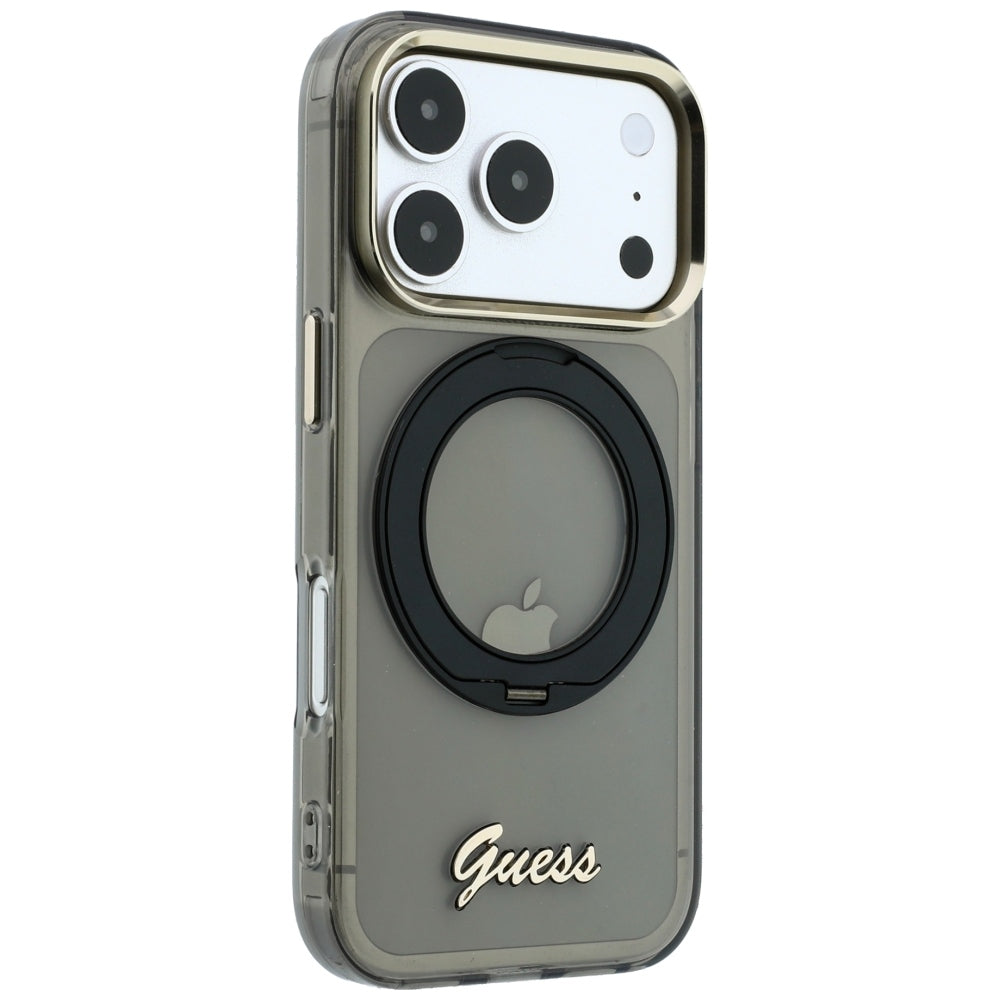 MagSafe-kuori Apple iPhone 18 Pro / 17 Pro:lle, Guess, Ring Stand Script Metal Logo, Musta