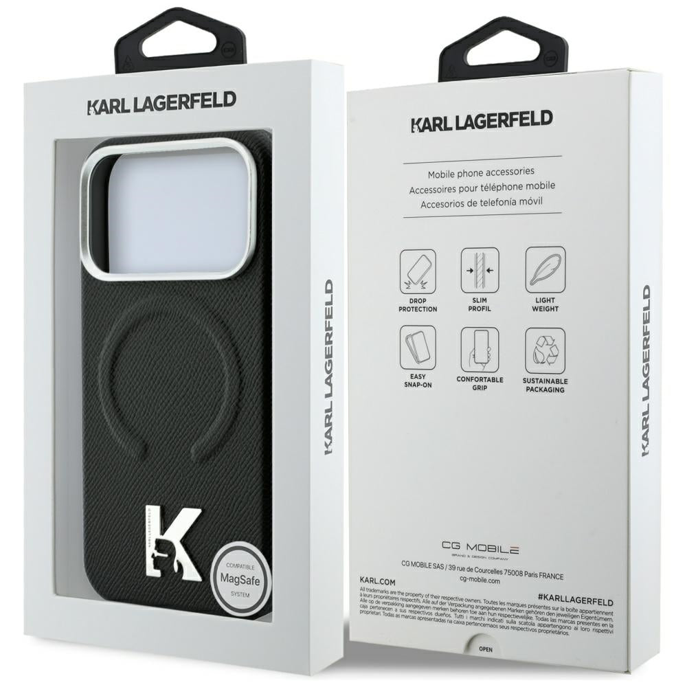 MagSafe-kuori Apple iPhone 18 Pro / 17 Pro:lle, Karl Lagerfeld, Karkeapintainen kohokuvioitu rengas, Musta