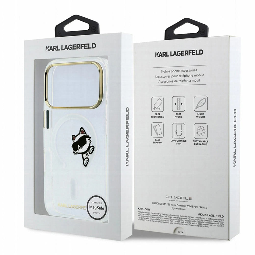 MagSafe-kuori Apple iPhone 18 Pro / 17 Pro:lle, Karl Lagerfeld, IML Peekaboo -kuvio ja metallikehys, läpinäkyvä