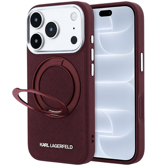 MagSafe-kuori Apple iPhone 18 Pro / 17 Pro -puhelimelle, Karl Lagerfeld, Ring Stand 360 Saffiano, viininpunainen