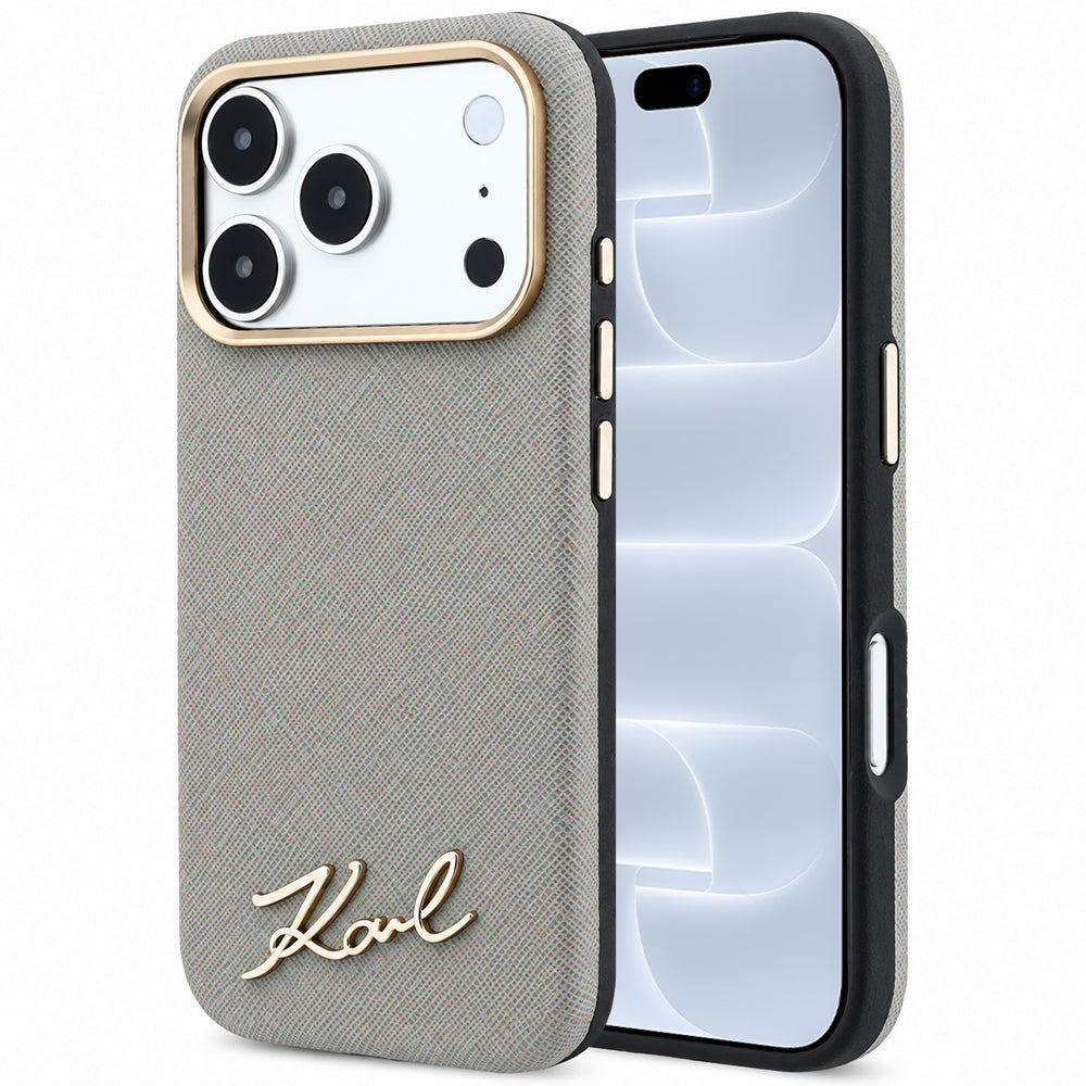 MagSafe-kuori Apple iPhone 18 Pro / 17 Pro:lle, Karl Lagerfeld, Saffiano Small Script Metal Logo, Harmaa Beige
