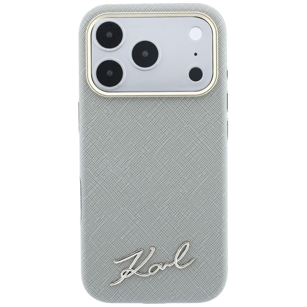 MagSafe-kuori Apple iPhone 18 Pro / 17 Pro:lle, Karl Lagerfeld, Saffiano Small Script Metal Logo, Harmaa Beige