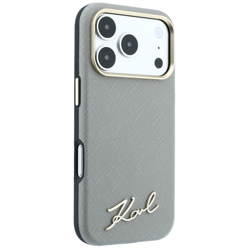 MagSafe-kuori Apple iPhone 18 Pro / 17 Pro:lle, Karl Lagerfeld, Saffiano Small Script Metal Logo, Harmaa Beige