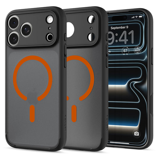 MagSafe-kuori Apple iPhone 18 Pro / 17 Pro:lle, Spigen, Ultra Hybrid, Musta Oranssi Satiini ACS12162