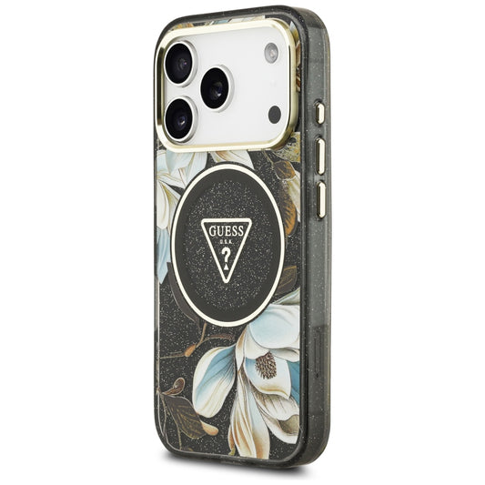 MagSafe-kuori Apple iPhone 18 Pro:lle, Guess, IML Metal Glitter Flowers Triangle, Musta