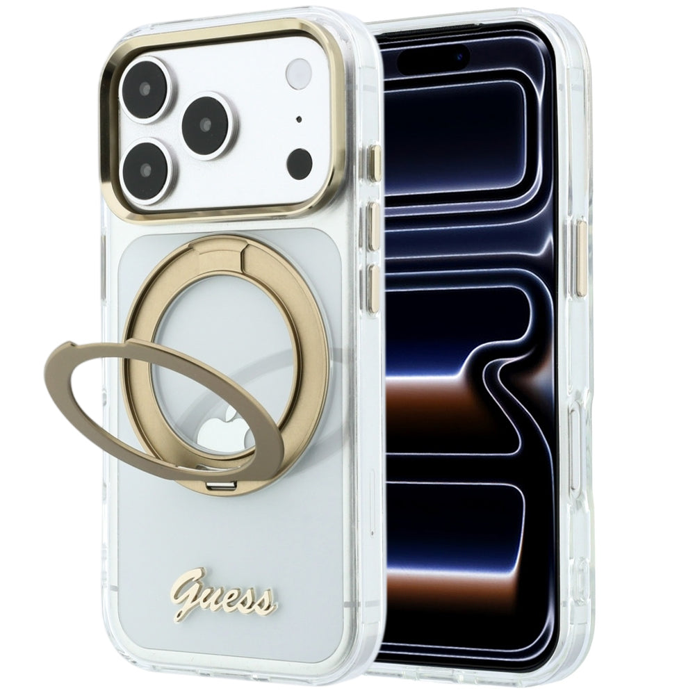 MagSafe Case for Apple iPhone 18 Pro, Guess, Ring Stand Script Metal Logo, Transparent