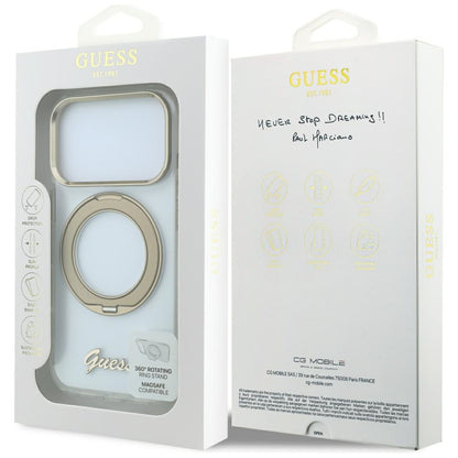MagSafe Case for Apple iPhone 18 Pro, Guess, Ring Stand Script Metal Logo, Transparent