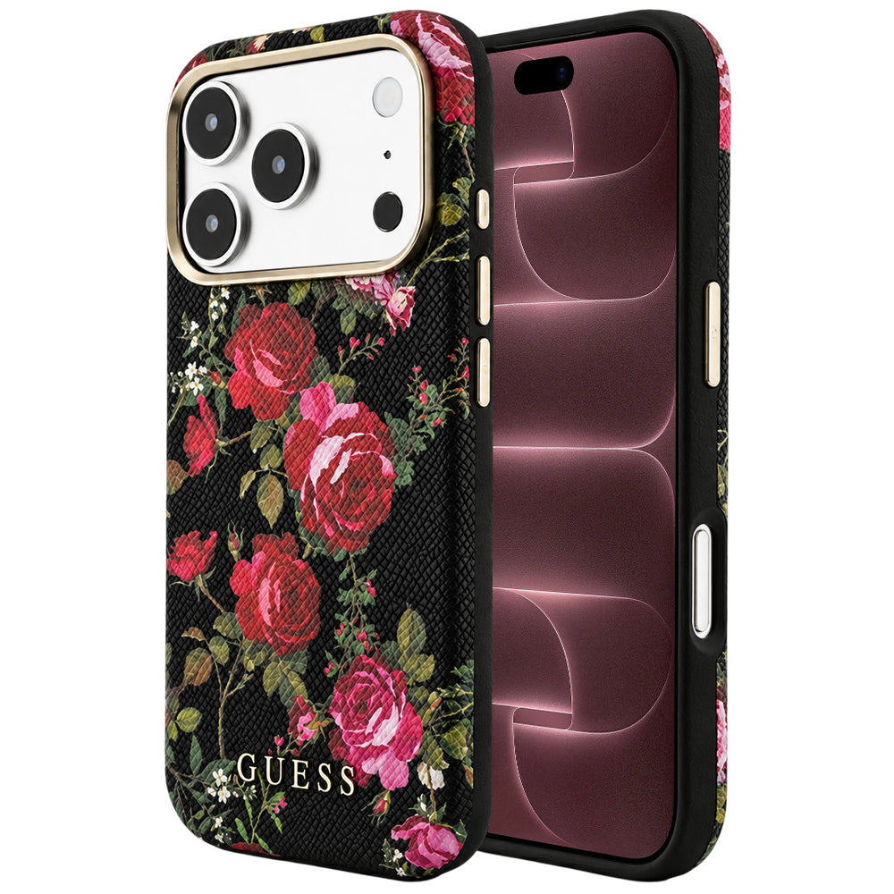 MagSafe-kuori Apple iPhone 18 Pro Max / 17 Pro Max -puhelimelle, Guess, Blossom Roses Print, musta