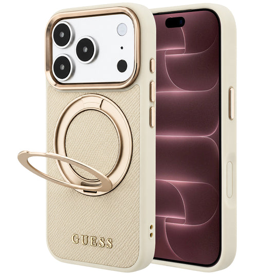 MagSafe-kuori Apple iPhone 18 Pro Max / 17 Pro Max, Guess, Grained Ring Stand 360 Classic, Beige