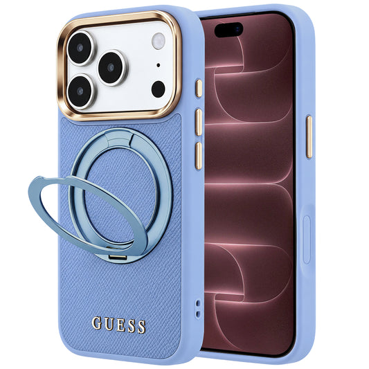 MagSafe-kuori Apple iPhone 18 Pro Max / 17 Pro Max -puhelimelle, Guess Grained Ring Stand 360 Classic, sininen