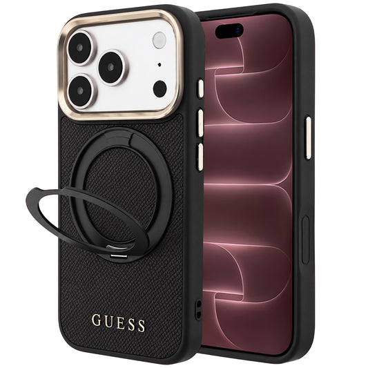 MagSafe-kuori Apple iPhone 18 Pro Max / 17 Pro Max -puhelimelle, Guess Grained Ring Stand 360 Classic, musta