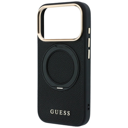 MagSafe Case for Apple iPhone 18 Pro Max / 17 Pro Max, Guess, Grained Ring Stand 360 Classic, Black