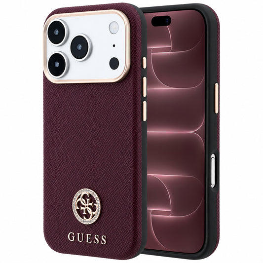 MagSafe-kuori Apple iPhone 18 Pro Max / 17 Pro Max, Guess, Karkeapintainen pyöreä strassilogo, Viininpunainen