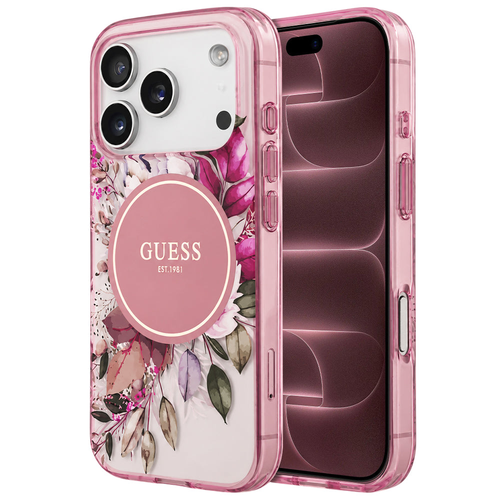 MagSafe-kuori Apple iPhone 18 Pro Max / 17 Pro Max -puhelimelle, Guess, IML Flower & Tonal Circle, vaaleanpunainen