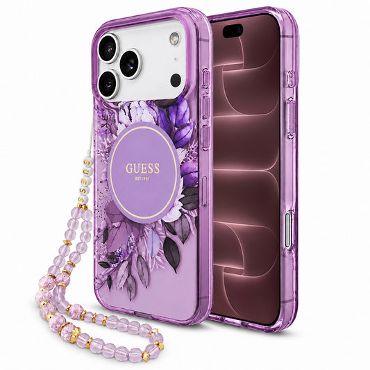 MagSafe-kuori Apple iPhone 18 Pro Max / 17 Pro Max -puhelimelle, Guess, IML Flowers with Pearl Strap, violetti