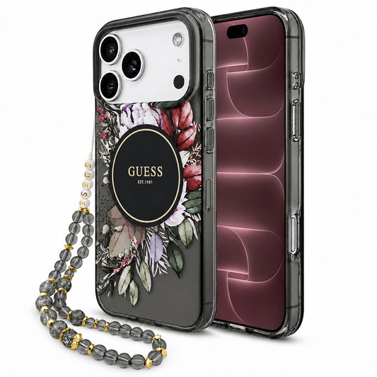 MagSafe-kuori Apple iPhone 18 Pro Max / 17 Pro Max -puhelimelle, Guess, IML Flowers with Pearl Strap, musta