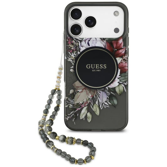 MagSafe-kuori Apple iPhone 18 Pro Max / 17 Pro Max -puhelimelle, Guess, IML Flowers with Pearl Strap, musta
