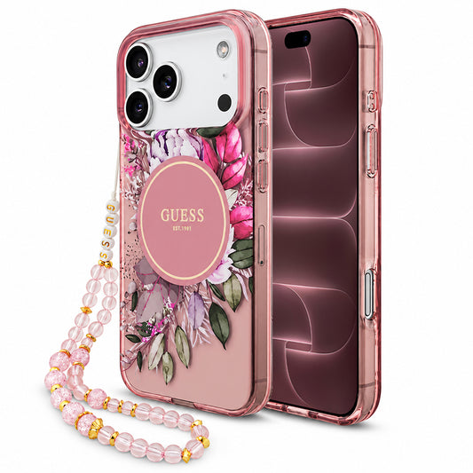MagSafe-kuori Apple iPhone 18 Pro Max / 17 Pro Max -puhelimelle, Guess, IML Flowers with Pearl Strap, vaaleanpunainen