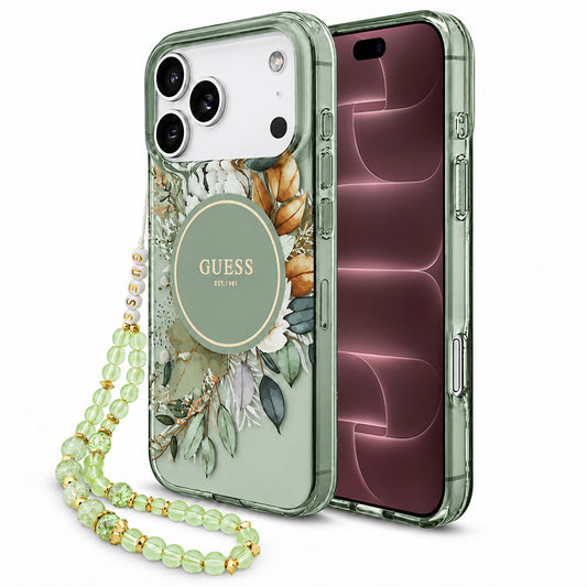 MagSafe-kuori Apple iPhone 18 Pro Max / 17 Pro Max -puhelimelle, Guess, IML Flowers with Pearl Strap, vihreä