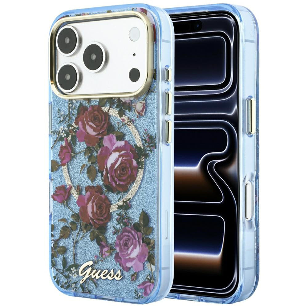 MagSafe-kuori Apple iPhone 18 Pro Max / 17 Pro Max, Guess, IML Glitter Blossom Roses, Bleu