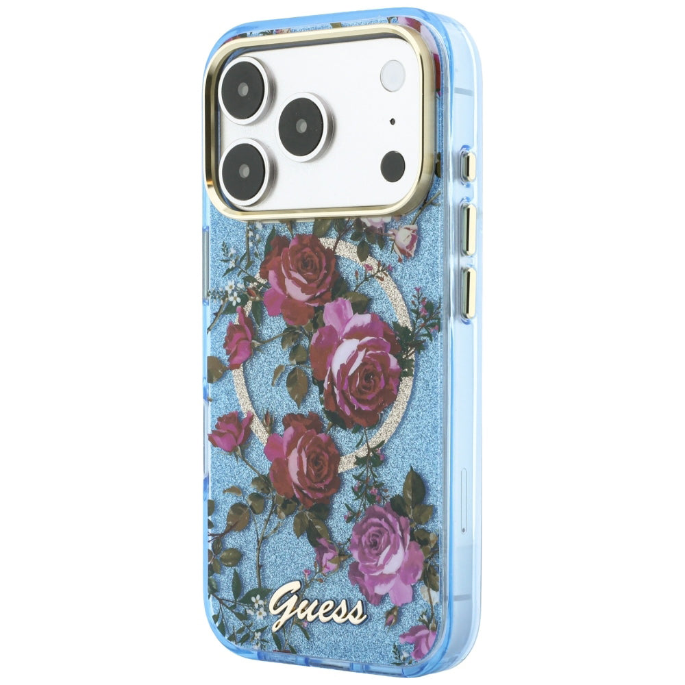 MagSafe-kuori Apple iPhone 18 Pro Max / 17 Pro Max, Guess, IML Glitter Blossom Roses, Bleu