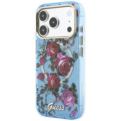 MagSafe-kuori Apple iPhone 18 Pro Max / 17 Pro Max, Guess, IML Glitter Blossom Roses, Bleu