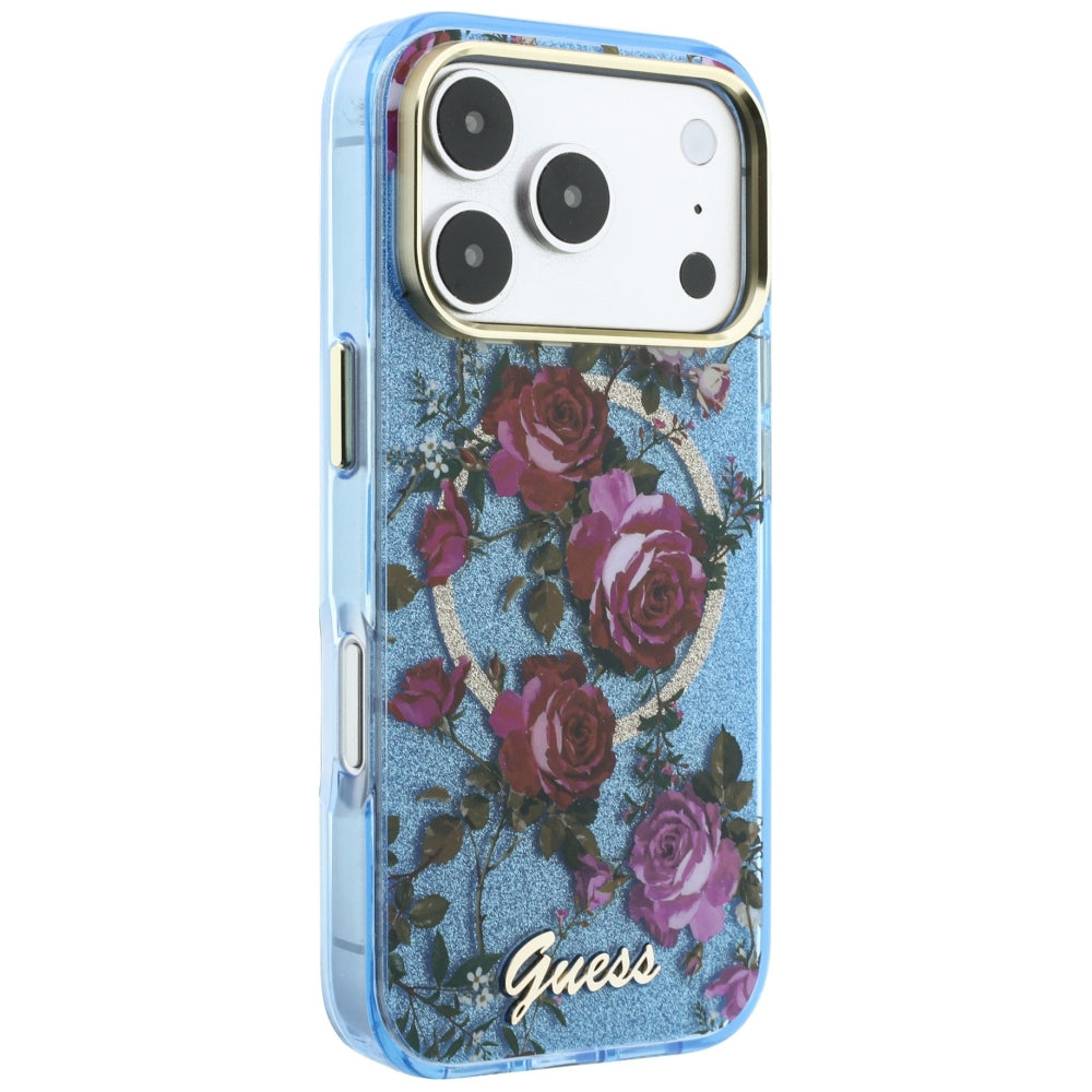 MagSafe-kuori Apple iPhone 18 Pro Max / 17 Pro Max, Guess, IML Glitter Blossom Roses, Bleu