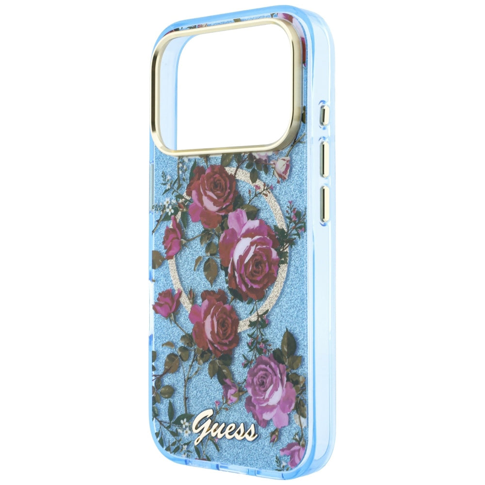 MagSafe-kuori Apple iPhone 18 Pro Max / 17 Pro Max, Guess, IML Glitter Blossom Roses, Bleu