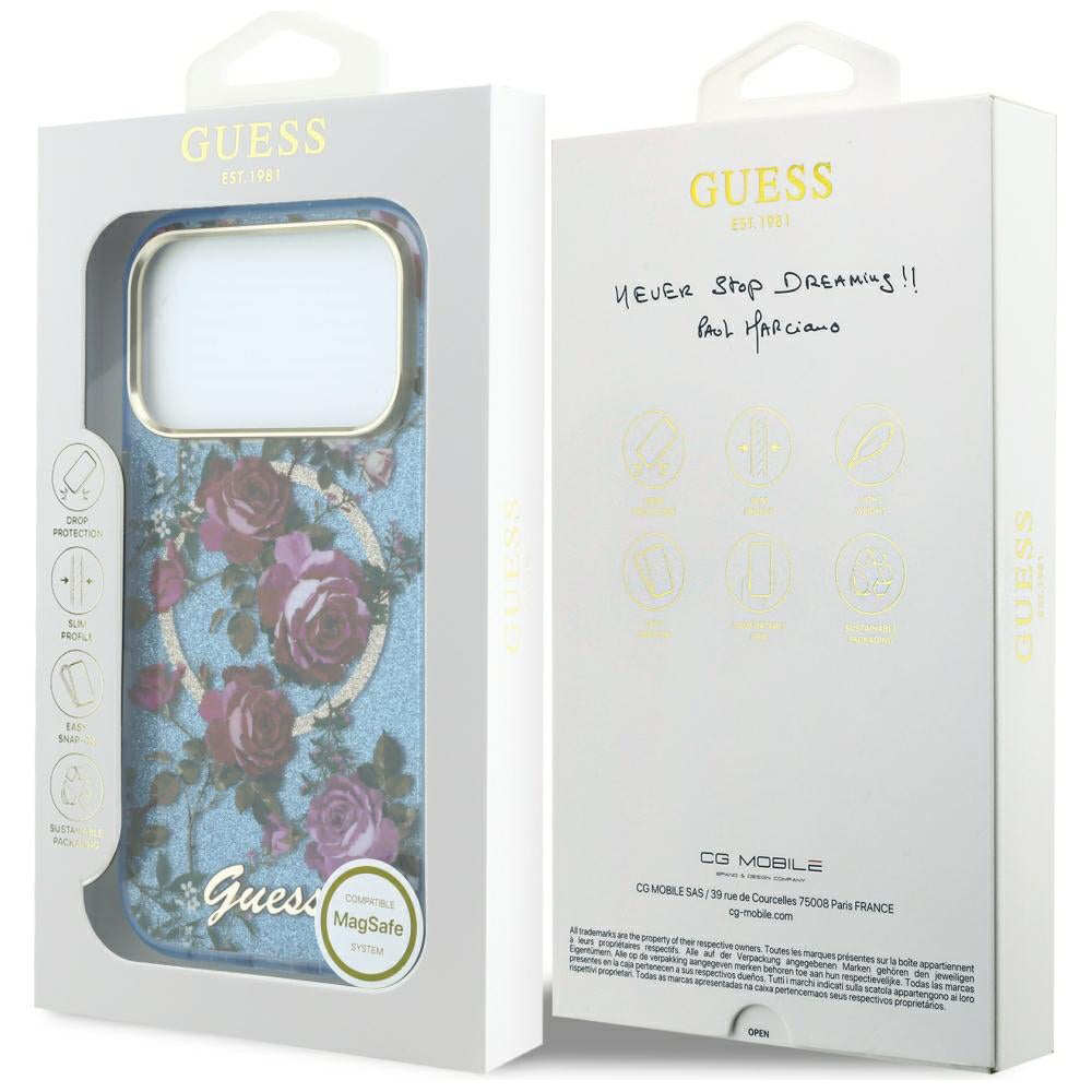 MagSafe-kuori Apple iPhone 18 Pro Max / 17 Pro Max, Guess, IML Glitter Blossom Roses, Bleu