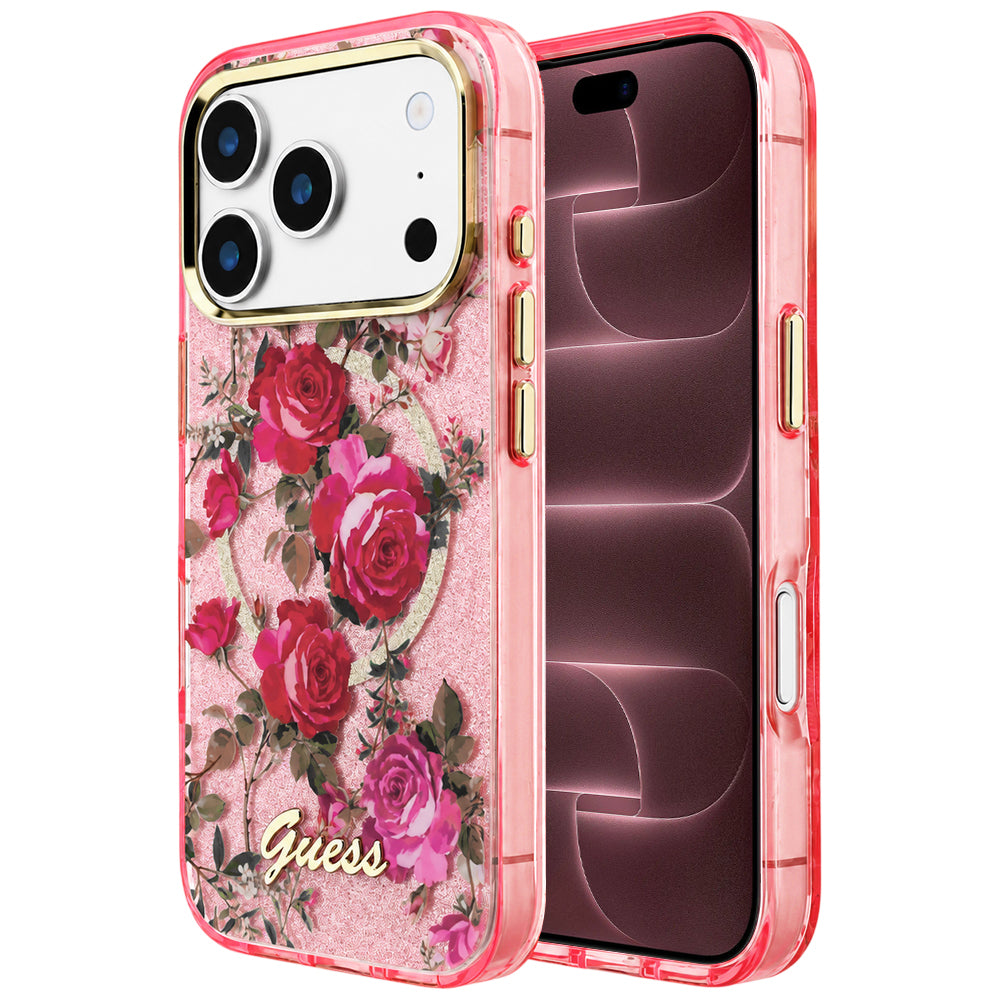 MagSafe-kuori Apple iPhone 18 Pro Max / 17 Pro Max -puhelimelle, Guess, IML Glitter Blossom Roses, vaaleanpunainen