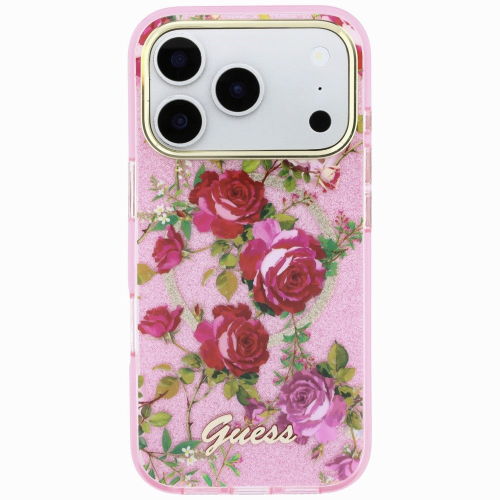 MagSafe-kuori Apple iPhone 18 Pro Max / 17 Pro Max -puhelimelle, Guess, IML Glitter Blossom Roses, vaaleanpunainen