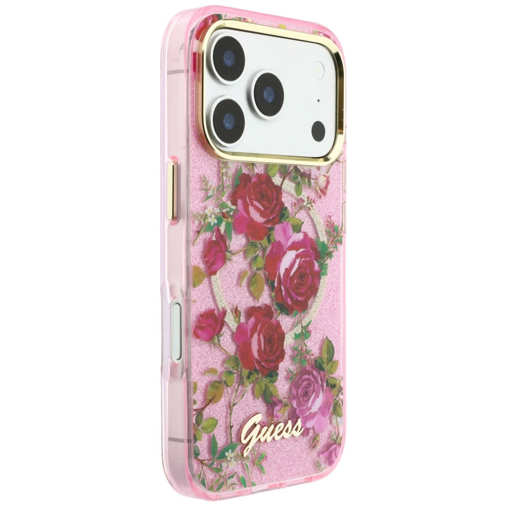 MagSafe-kuori Apple iPhone 18 Pro Max / 17 Pro Max -puhelimelle, Guess, IML Glitter Blossom Roses, vaaleanpunainen