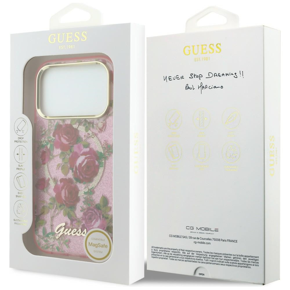 MagSafe-kuori Apple iPhone 18 Pro Max / 17 Pro Max -puhelimelle, Guess, IML Glitter Blossom Roses, vaaleanpunainen