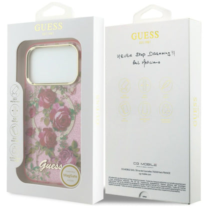MagSafe-kuori Apple iPhone 18 Pro Max / 17 Pro Max -puhelimelle, Guess, IML Glitter Blossom Roses, vaaleanpunainen