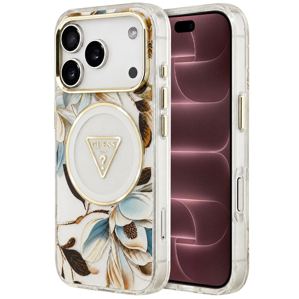 MagSafe-kuori Apple iPhone 18 Pro Max / 17 Pro Max -puhelimelle, Guess, IML Metal Glitter Flowers Triangle, valkoinen